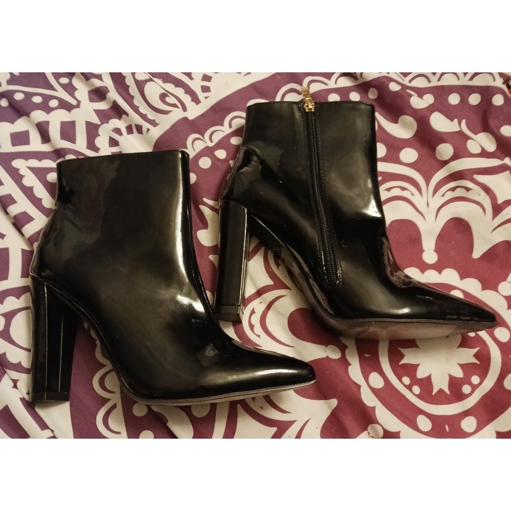 NEW Timetang Women's‎ Pointed Toe Black Patent Leather Ankle Boots, Size 9.5